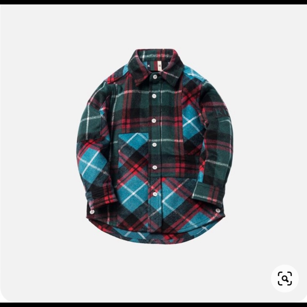 Kith Mixed Plaid Ginza Shirt Teal Dark Green Long Sleeve Button Front Kids Sz 12
